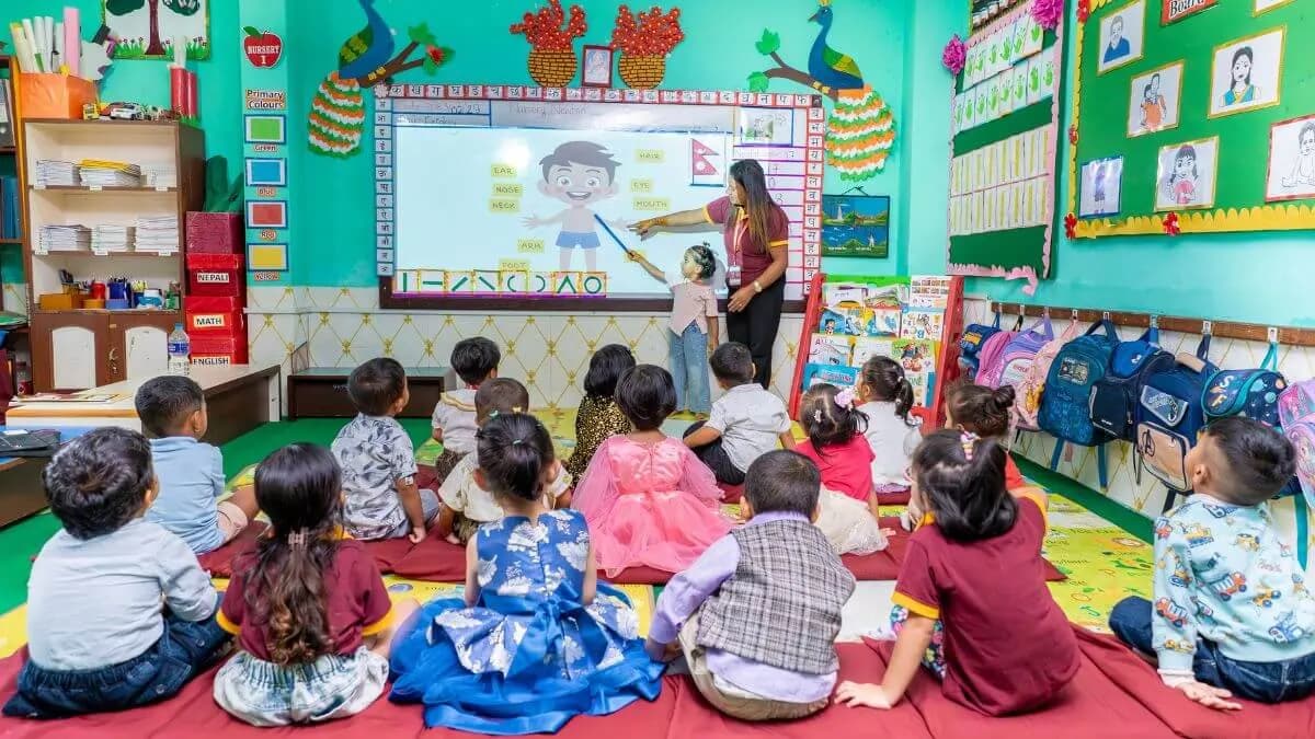A classroom with low, open shelves